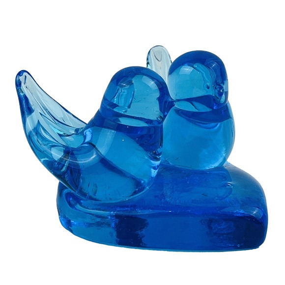 Vintage Happy Little Bluebird Couple Heart Pair Blue Titan Art Glass Signed 1990 - Picture 1 of 11